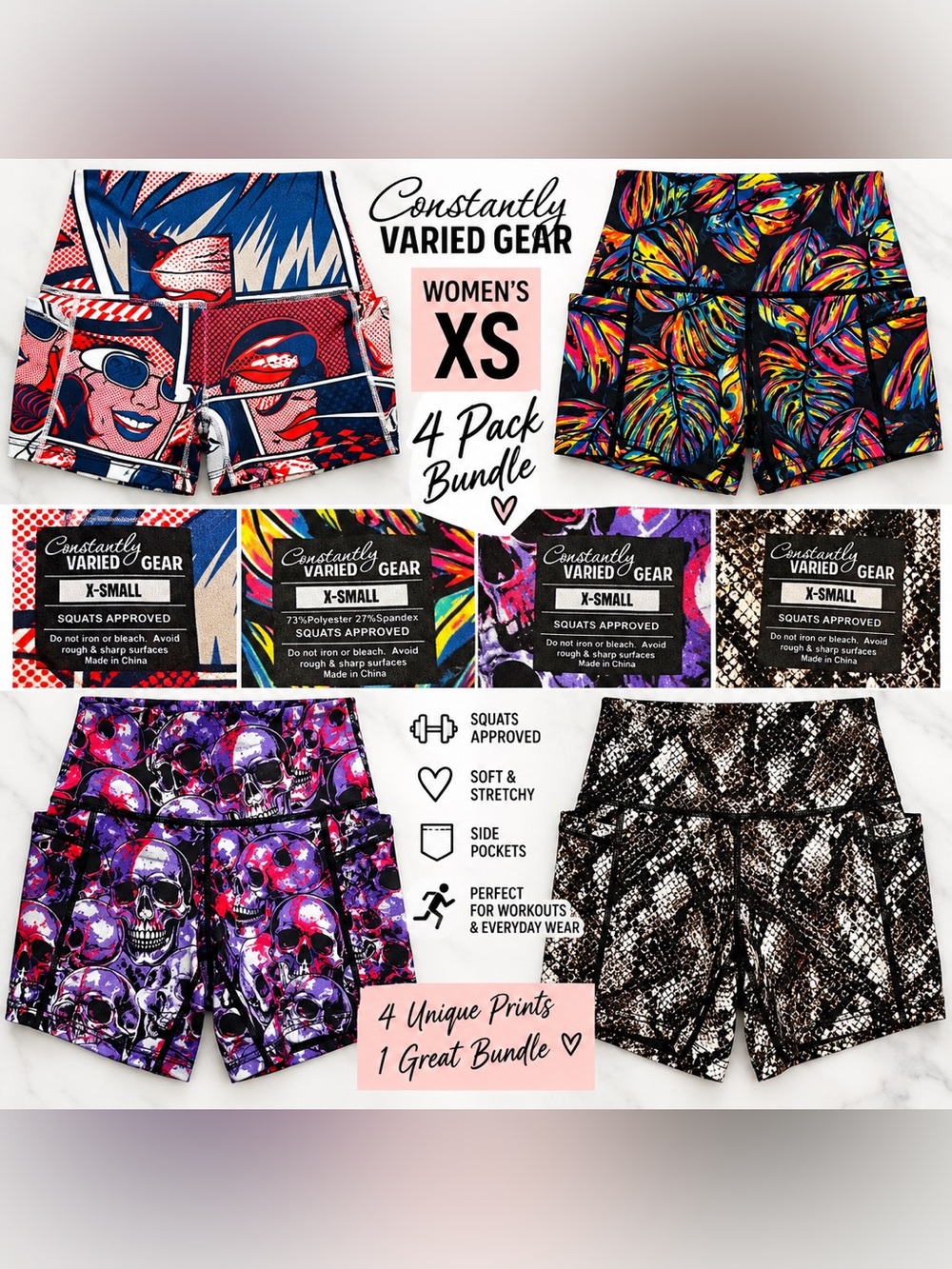 Constantly Varied Gear (CVG) Women's 5" Workout Shorts Bundle - 4 Pack (Size XS)